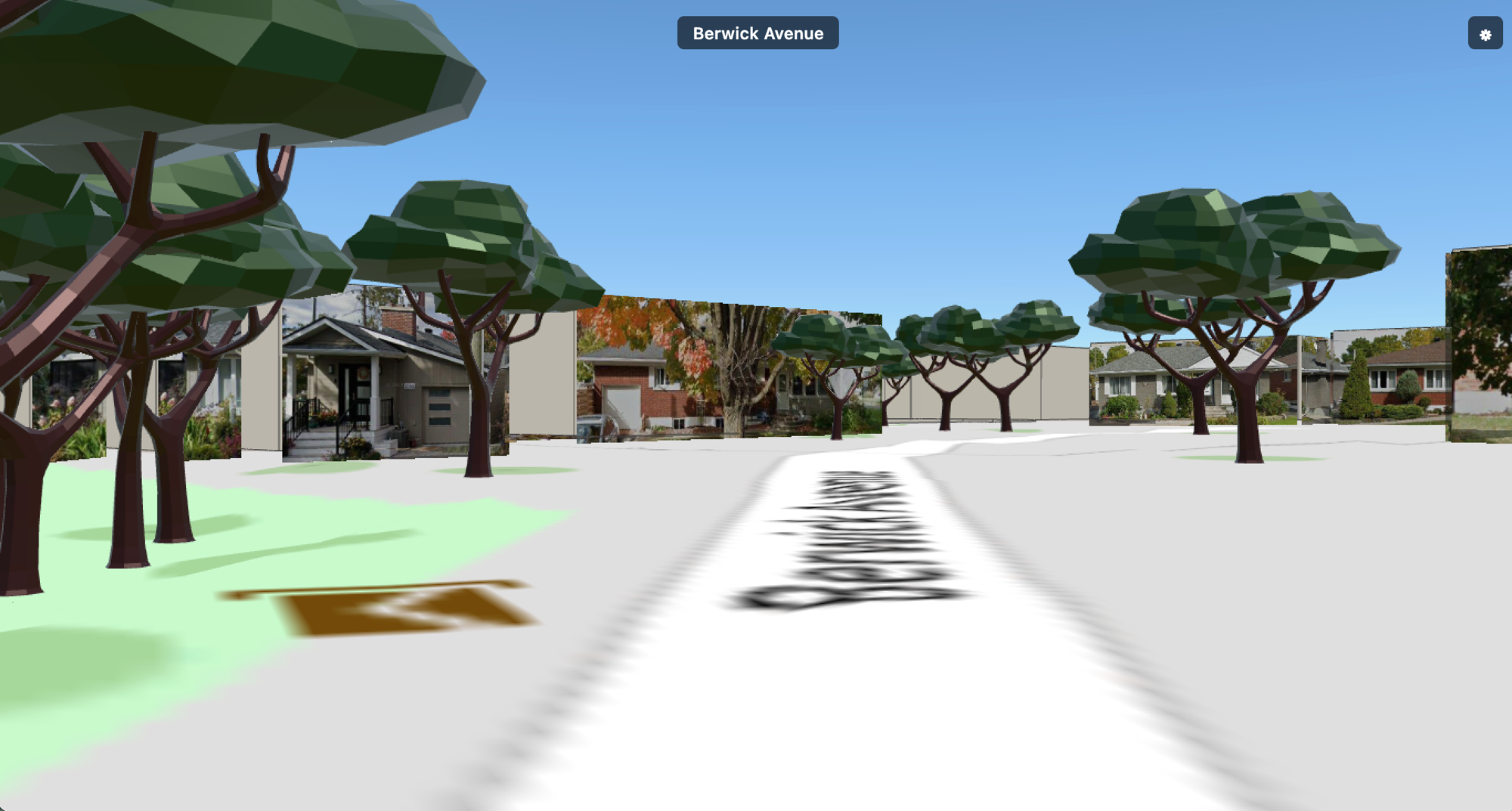 First-person view driving down Berwick Avenue in City Drive — photo-textured houses, low-poly trees, and the street name embossed on the road.
